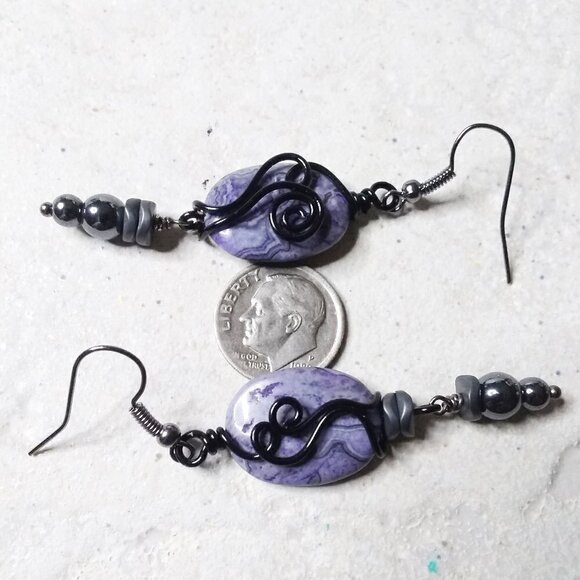 Smokey Gray + Lavender! Asymmetrical + Wire Wrapped! Crazy Lace Agate + Hematite - Picture 5 of 6